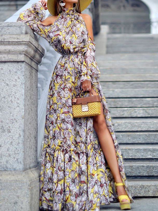 Women's Dresses Halter Neck Off Shoulder Long Sleeve Slit Dress - Maxi Dresses - Instastyled | Online Fashion Free Shipping Clothing, Dresses, Tops, Shoes - 17/08/2022 - color-white - Color_White