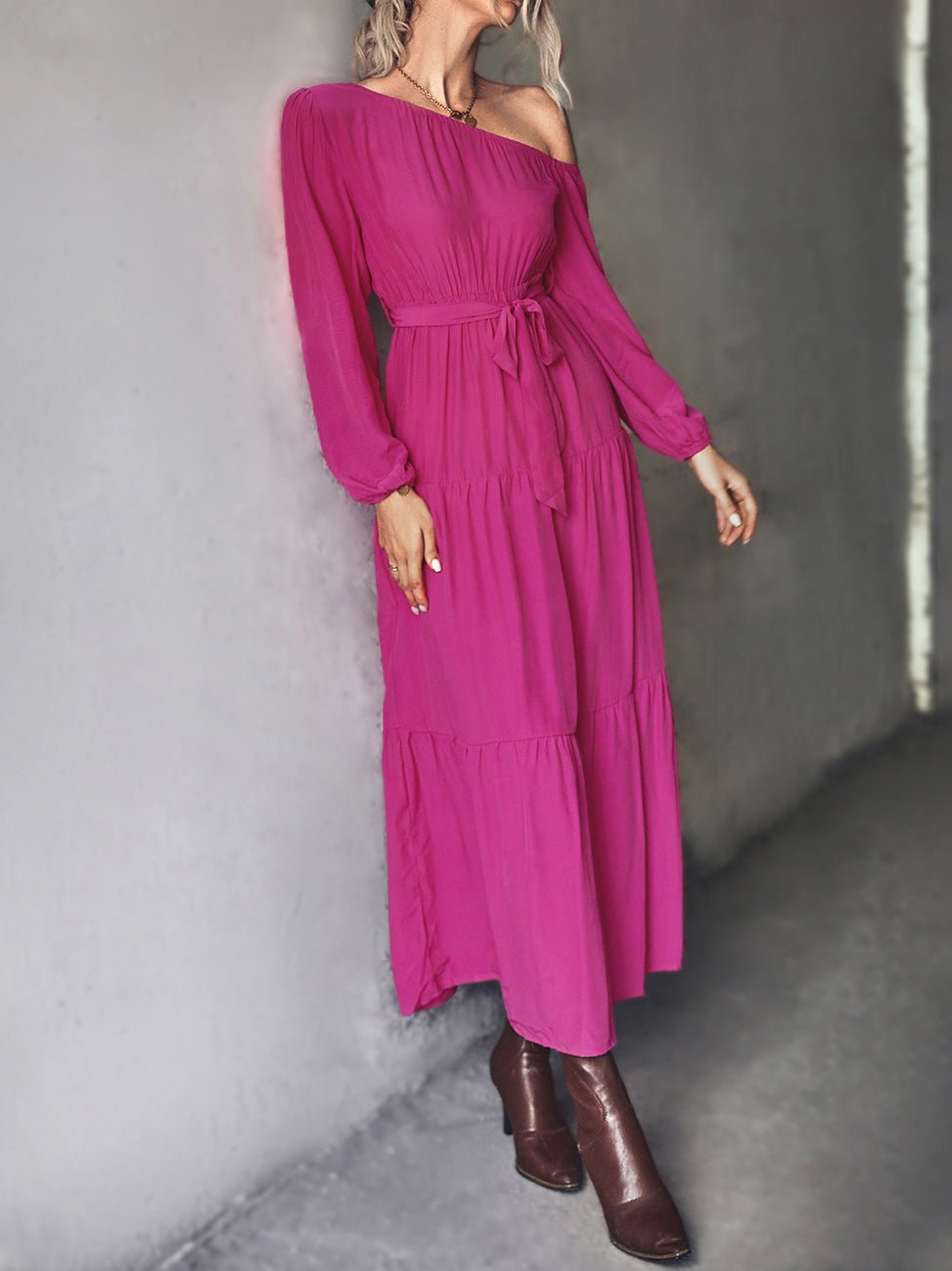 Women's Dresses Sloping Shoulder Tie Long Sleeve Dress - Maxi Dresses - Instastyled | Online Fashion Free Shipping Clothing, Dresses, Tops, Shoes - 17/08/2022 - 30-40 - color-black