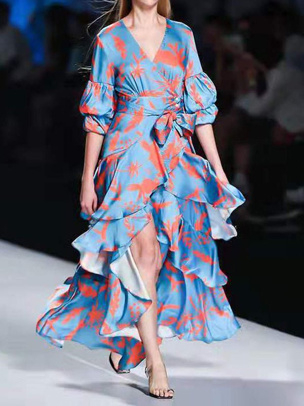 Women's Dresses V-Neck Puff Sleeve Printed Tie Ruffle Dress - Maxi Dresses - Instastyled | Online Fashion Free Shipping Clothing, Dresses, Tops, Shoes - 17/08/2022 - color-blue - color-light-white