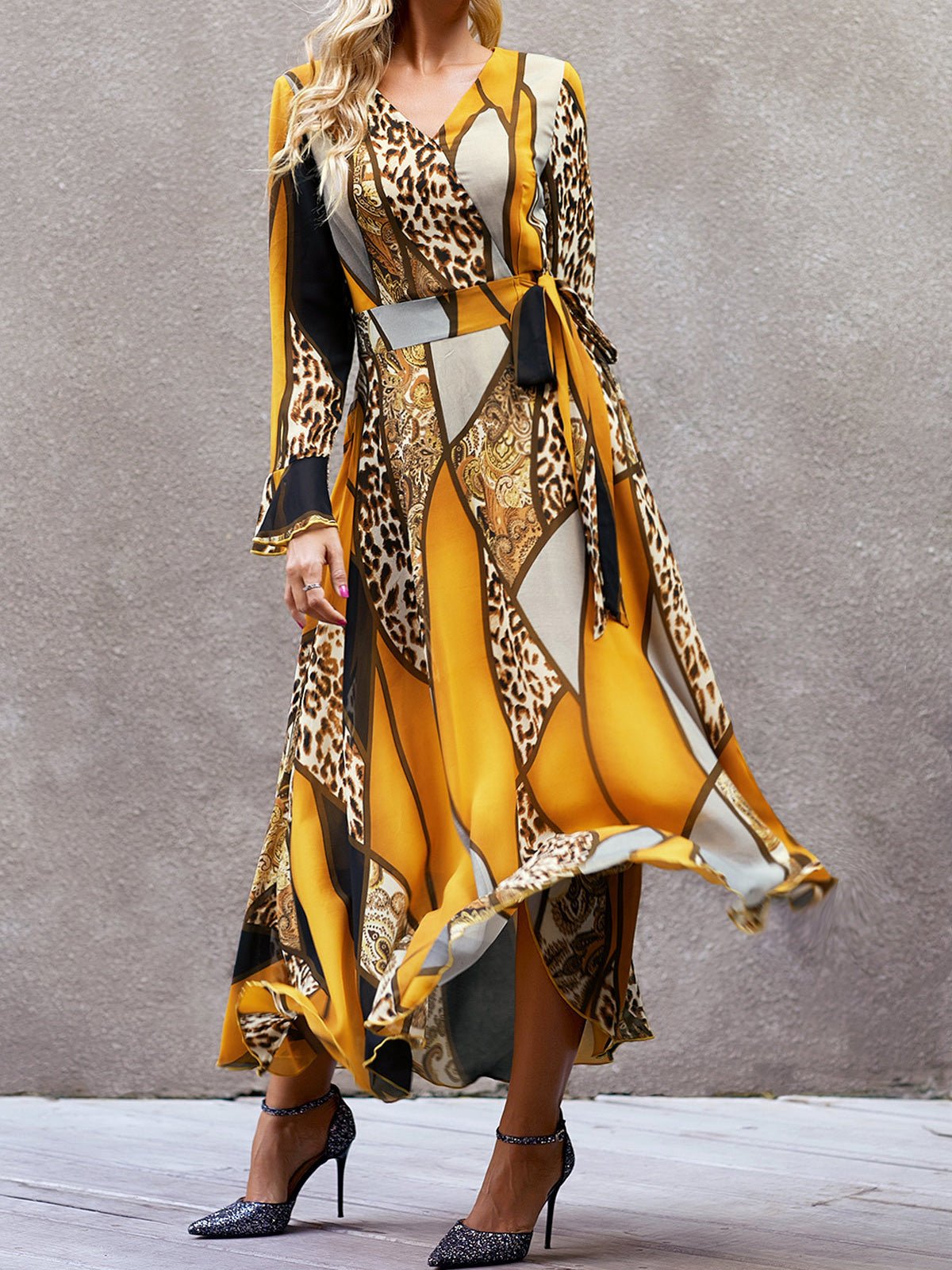 Women's Dresses V-Neck Tie Long Sleeve Print Dress - Maxi Dresses - Instastyled | Online Fashion Free Shipping Clothing, Dresses, Tops, Shoes - 18/08/2022 - Color_Multicolor - DRE2208185181