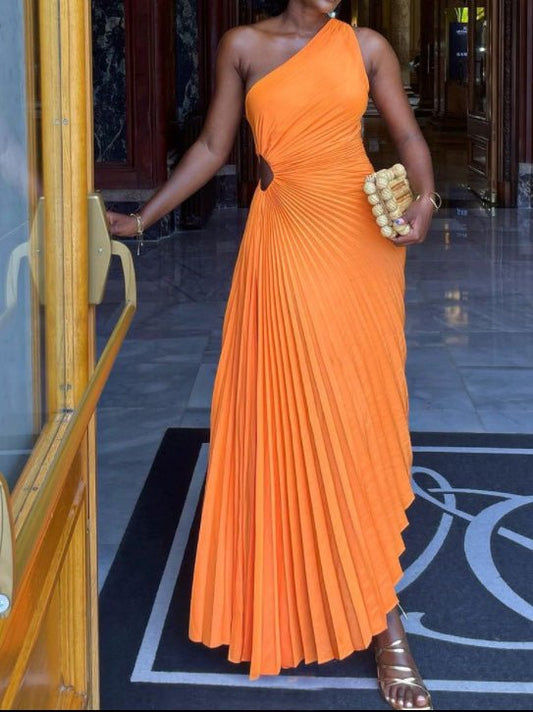 Women's Dresses One Shoulder Hollow Pleated Slim Dress - Maxi Dresses - Instastyled | Online Fashion Free Shipping Clothing, Dresses, Tops, Shoes - 16/08/2022 - 40-50 - color-orange
