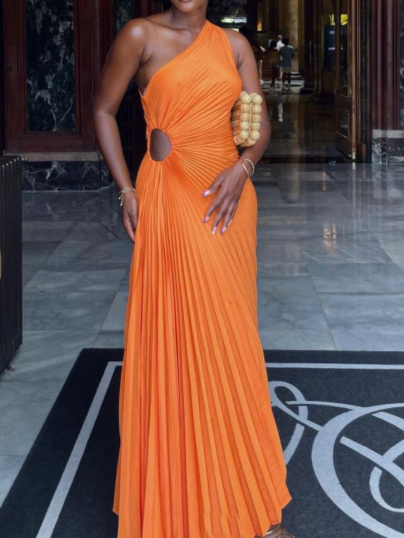 Women's Dresses One Shoulder Hollow Pleated Slim Dress - Maxi Dresses - Instastyled | Online Fashion Free Shipping Clothing, Dresses, Tops, Shoes - 16/08/2022 - 40-50 - color-orange