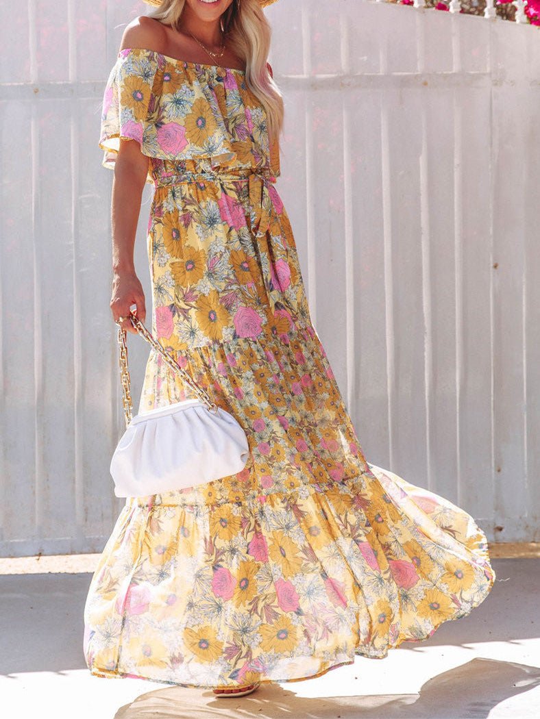 Women's Dresses One-Shoulder Print Lace-Up Swing Dress - Maxi Dresses - Instastyled | Online Fashion Free Shipping Clothing, Dresses, Tops, Shoes - 18/08/2022 - Color_Pink - Color_Purple