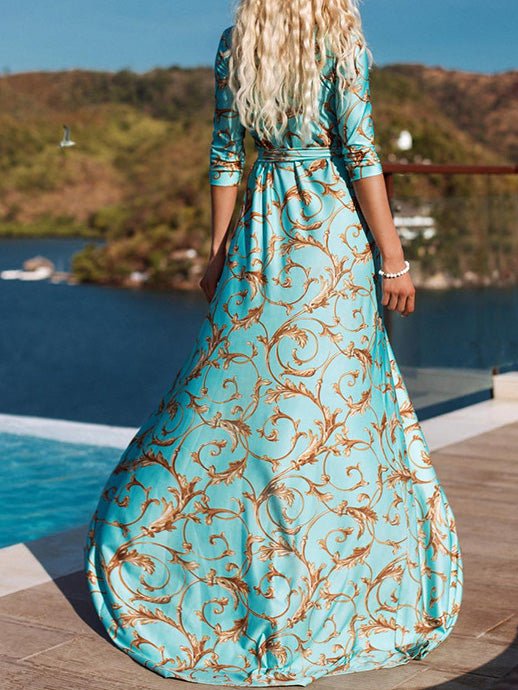 Women's Dresses Printed V-Neck Tie Mid Sleeves Slit Dress - Maxi Dresses - Instastyled | Online Fashion Free Shipping Clothing, Dresses, Tops, Shoes - 16/08/2022 - 40-50 - color-green