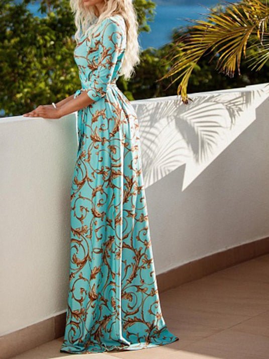 Women's Dresses Printed V-Neck Tie Mid Sleeves Slit Dress - Maxi Dresses - Instastyled | Online Fashion Free Shipping Clothing, Dresses, Tops, Shoes - 16/08/2022 - 40-50 - color-green