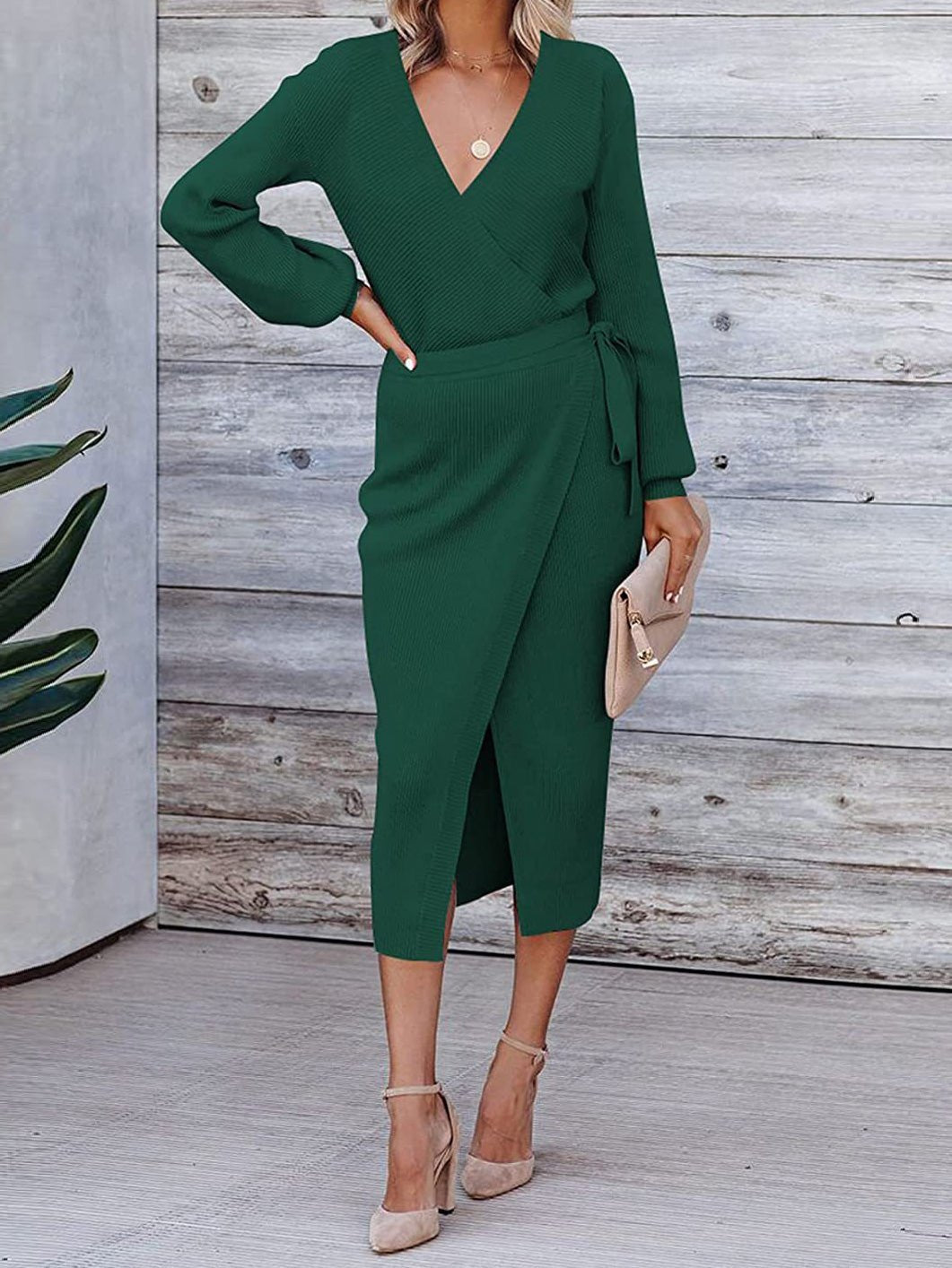 Women's Dresses Solid V-Neck Tie Long Sleeve Knit Dress - Maxi Dresses - Instastyled | Online Fashion Free Shipping Clothing, Dresses, Tops, Shoes - 16/08/2022 - 30-40 - color-black