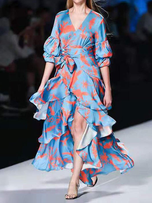 Women's Dresses V-Neck Puff Sleeve Printed Tie Ruffle Dress - Maxi Dresses - Instastyled | Online Fashion Free Shipping Clothing, Dresses, Tops, Shoes - 17/08/2022 - color-blue - color-light-white