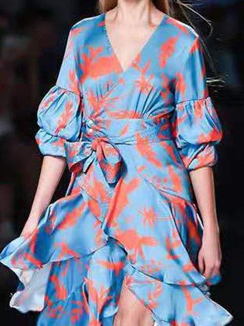 Women's Dresses V-Neck Puff Sleeve Printed Tie Ruffle Dress - Maxi Dresses - Instastyled | Online Fashion Free Shipping Clothing, Dresses, Tops, Shoes - 17/08/2022 - color-blue - color-light-white
